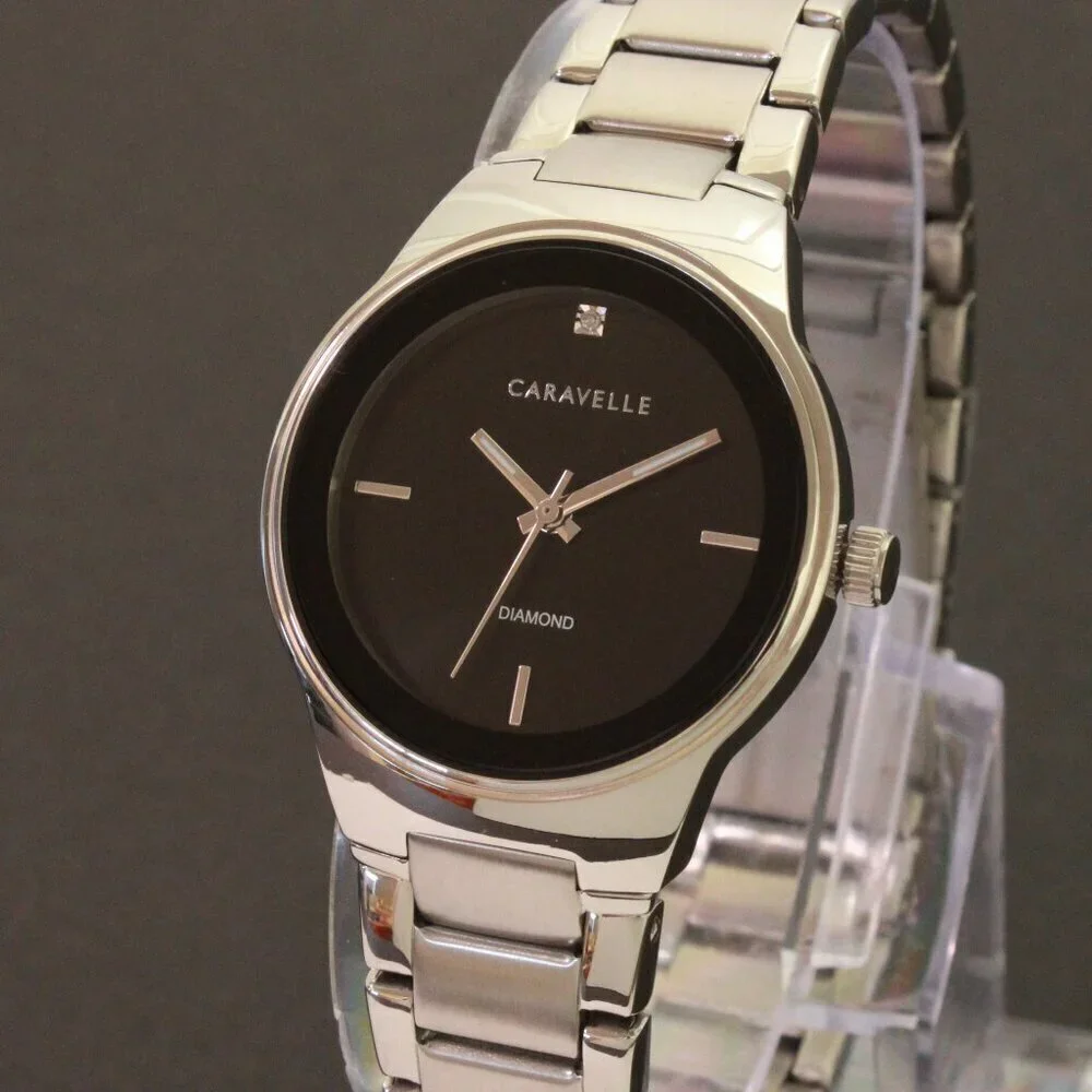Caravelle Ladies Watch By Bulova Black Dial Diamond 12:00 Stainless 30mm